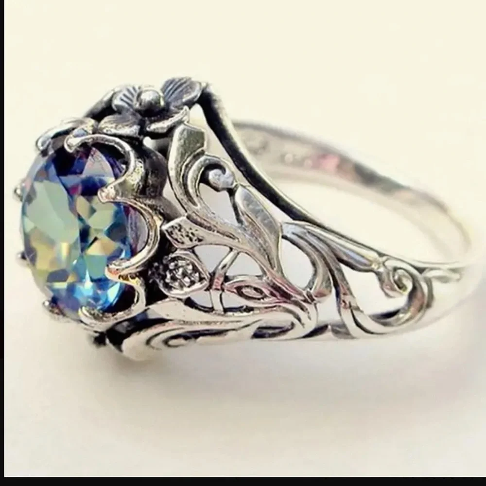 SIZE 6 Fashion And Exquisite Colorful‎ Flower Ring Silver